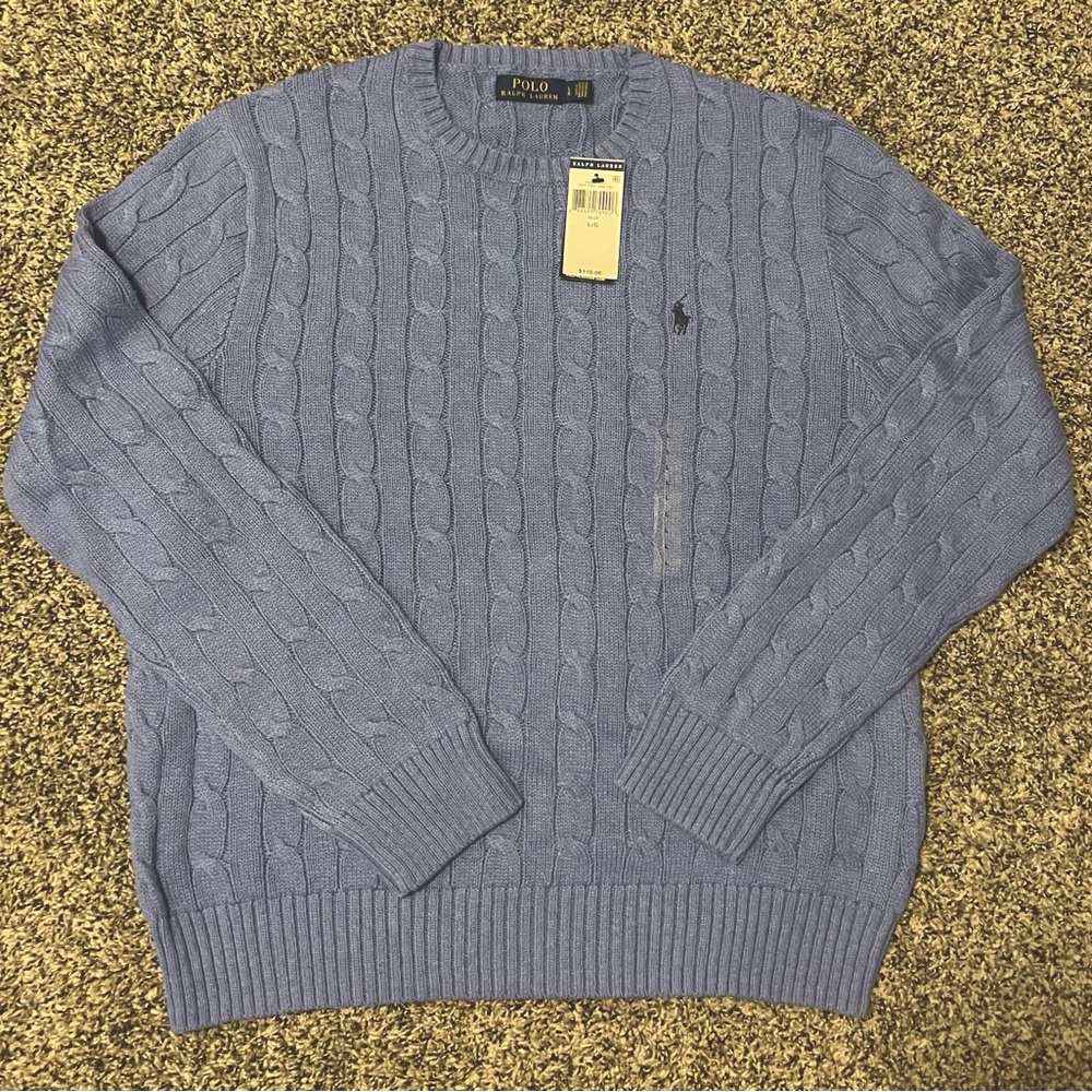 Polo Ralph Lauren Mens Large Blue Cable Knit Crew Neck Pullover Sweater NWT